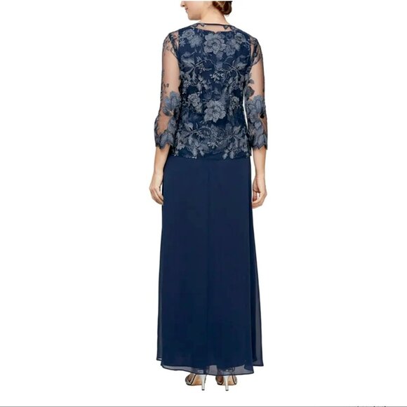 Alex Evenings Floral Embroidered Maxi 2 Piece Evening Dress Gown in Navy NWT - Picture 2 of 15
